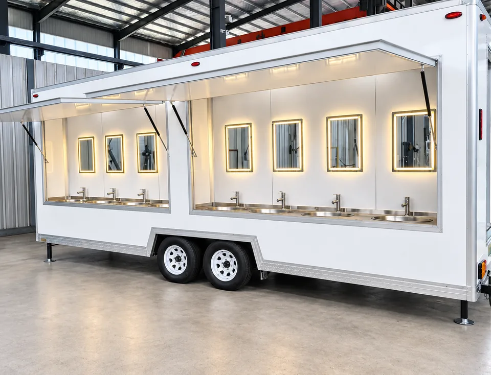 Two banks of sinks under awnings on a commercial handwashing trailer