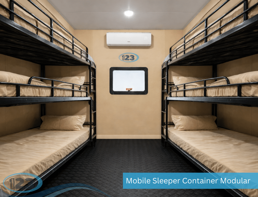 Communal bunk-bed sleeping area for temporary containerized crew berthing
