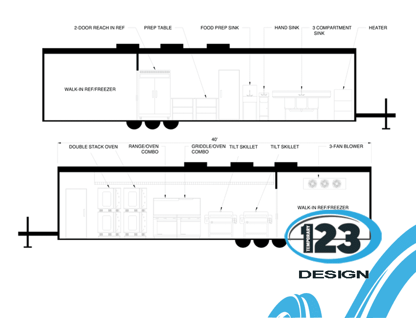 Forty-foot mobile kitchen trailer equipment elevation with walk-in refrigerator and freezer